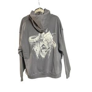 Gray Hoodie with Skull and Wolf Graphics
